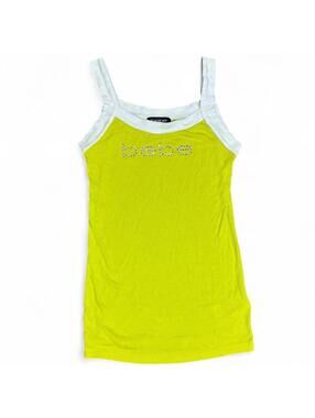 Vintage Y2K Bebe Rhinestone Logo Ribbed Tank Top Neon Lime Made in USA M